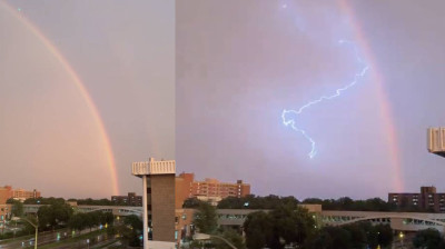 Blitz und Regenbogen gleichzeitig auf Video festgehalten