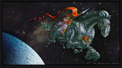 Pallas Athéna et Chevèche sur Mékabucéphal.